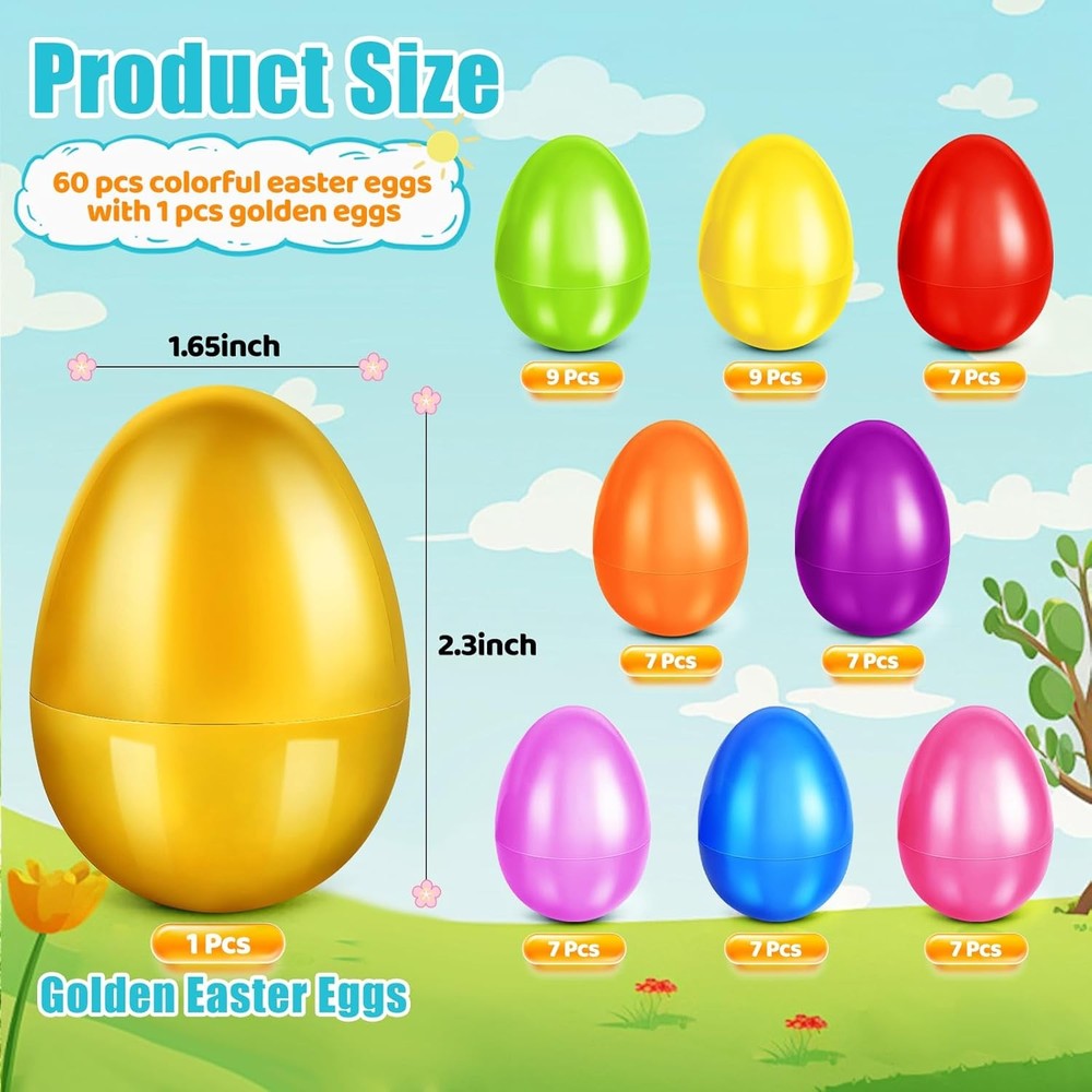 61 Pcs Plastic Easter Eggs Bulk,2.3" 60 Colorful Empty Easter Eggs Fillable Plus