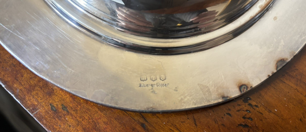 VTG Silver on Copper Serving Dish 12" Hallmarks Rope/Scroll Edge Heavy