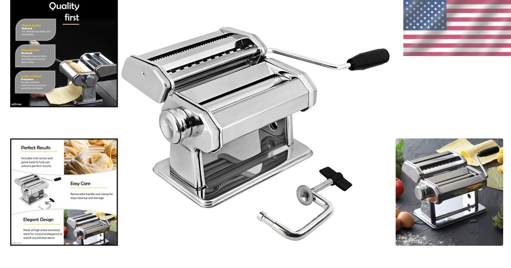 Compact Stainless Steel Pasta Machine with Adjustable Thickness & Double Cutter