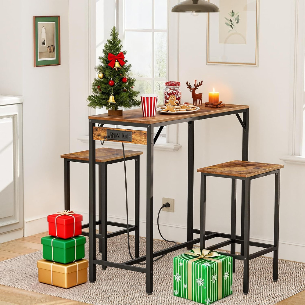 Rustic 3-Piece Bar Table Set with Power Outlet - Compact & Stylish