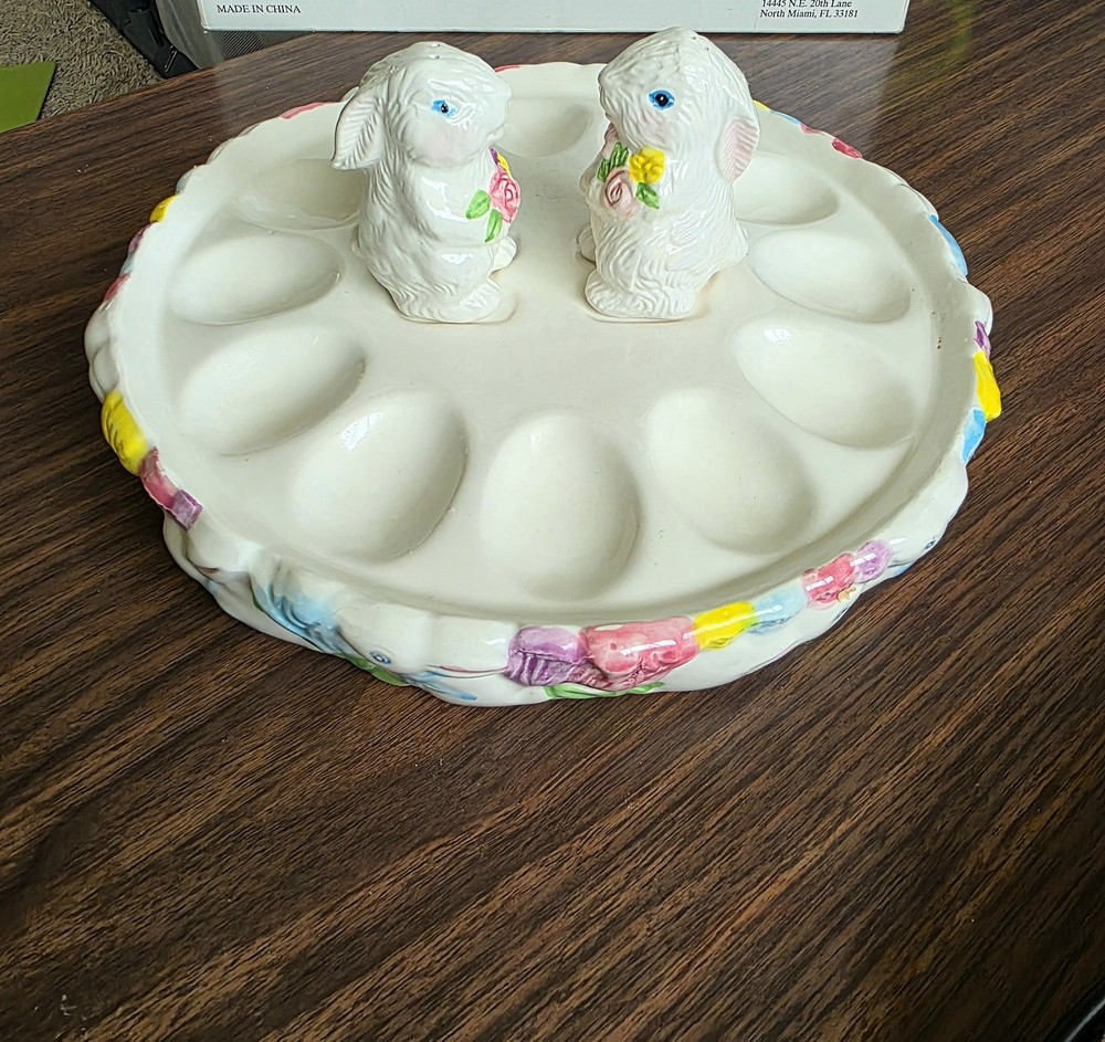 Vintage Ceramic Easter Bunny Rabbit Egg Tray Set 3-Piece Floral