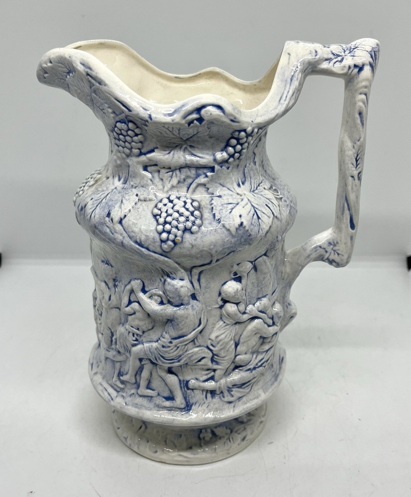Cherub Grapes Relief Pitcher Blue On White Signed