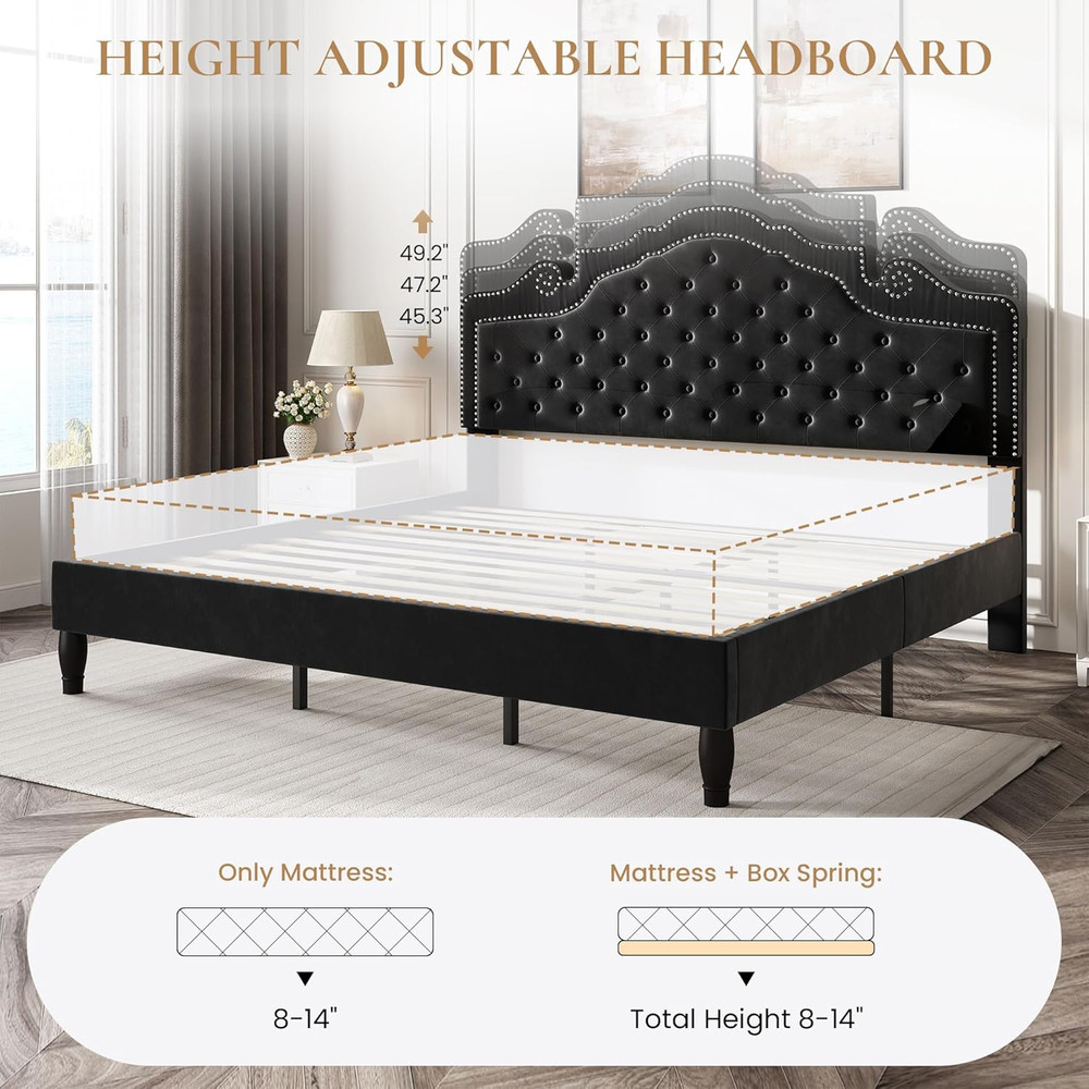 King Size Platfrom Bed Frame with Adjustable Headboard/Velvet Upholstered Diamon