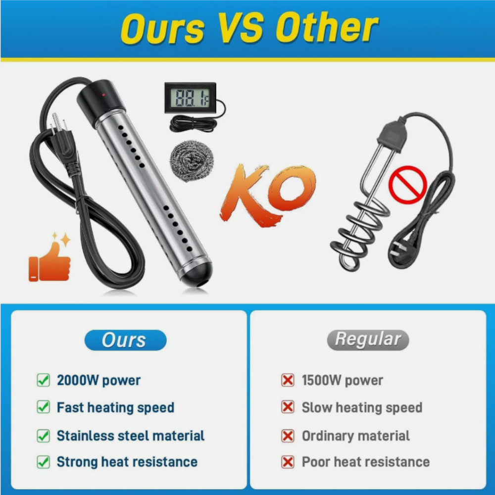 2000W Immersion Water Heater Submersible Portable Electric Heaters 110-125V AC