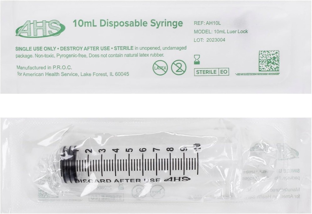 AHS 10ml (10cc) Luer Lock Syringe, Sterile, 100/Box