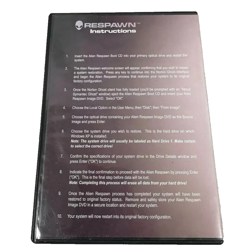 Alienware Respawn Windows XP Boot Image Factory Reset Software on CD/DVD