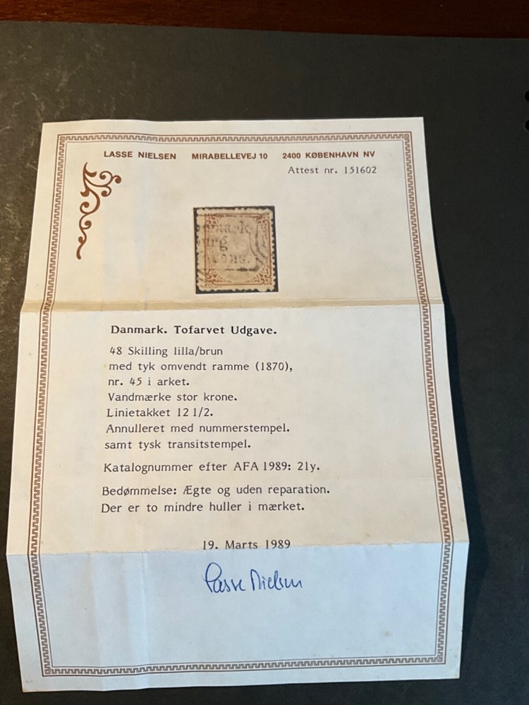 Denmark Scott #24b used with certificate