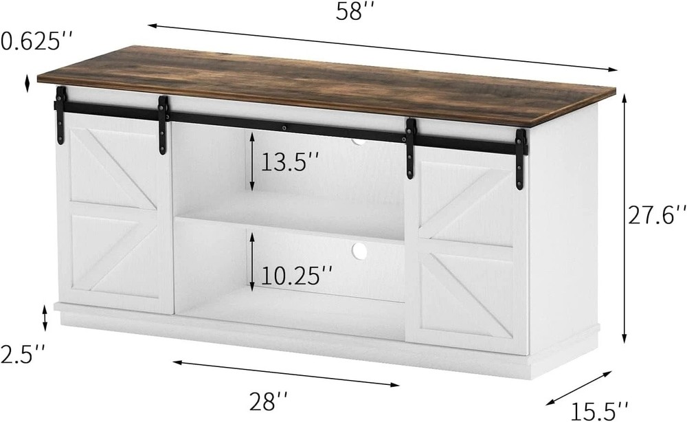 Large White TV Stand, Sliding Barn Doors, Console Table, 58"