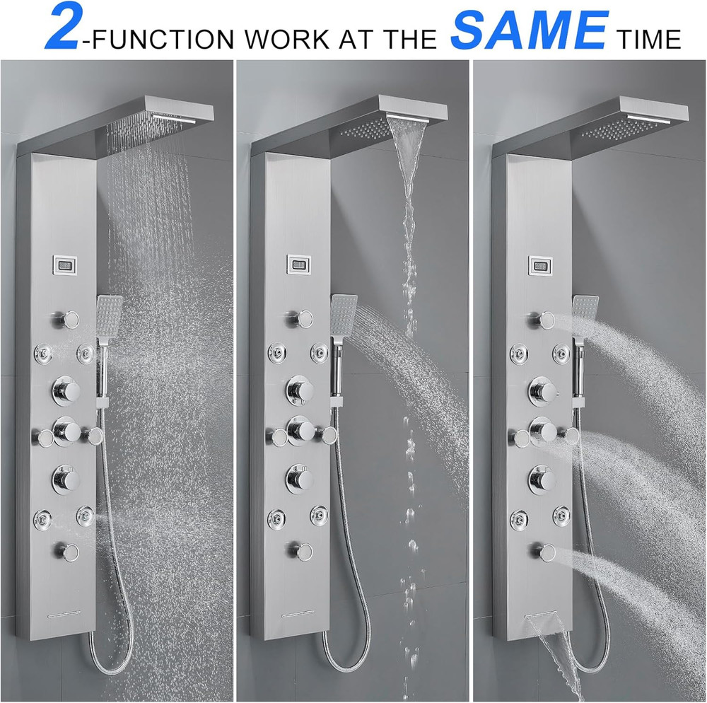 LED Rainfall Waterfall Shower Panel Tower System, 4 Body Jets and 4 Mist Spray,