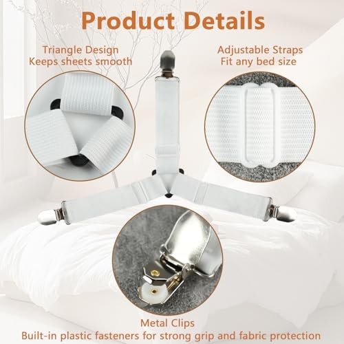 4PCS Bed Sheet Straps with Metal Clips, Adjustable Elastic Fitted Sheet