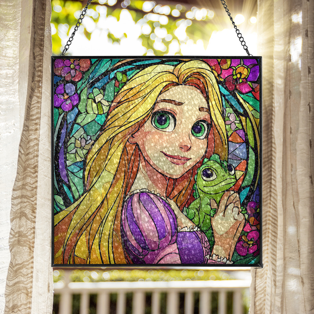 Rapunzel and Pascal Square Stained Glass Suncatcher, Rapunzel Window Hanging