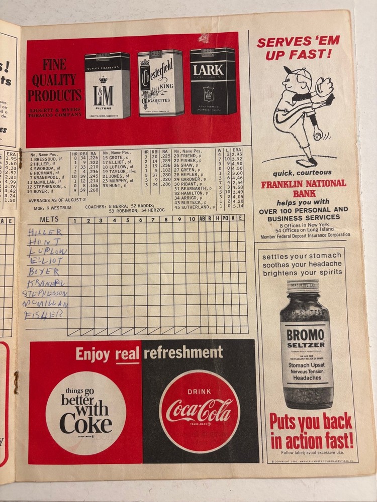 1966 NY Mets vs LA Dodgers Baseball Program Unscored Fair Condition #3