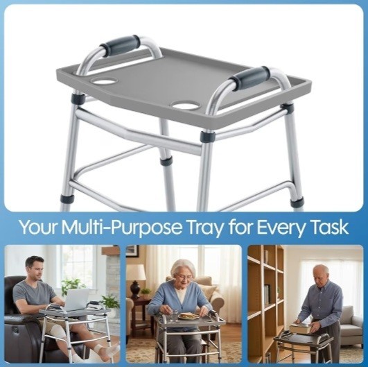 Tray Table with 2 Cup Holders for Standard Folding Walkers - Gray