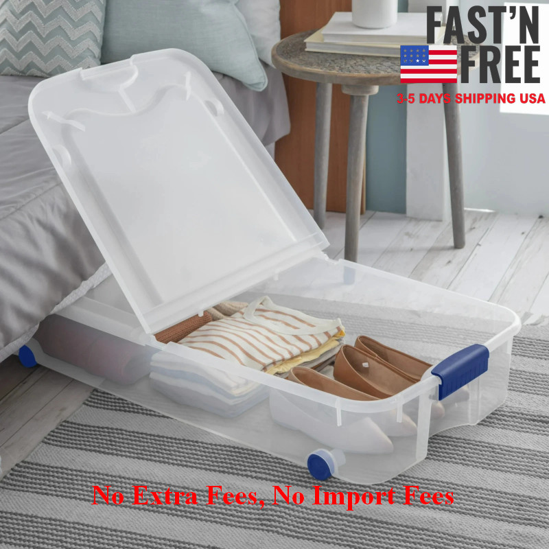 (2 pack) Sterilite Large Storage Bin 66Qt Clear Underbed Storage Container, Blue