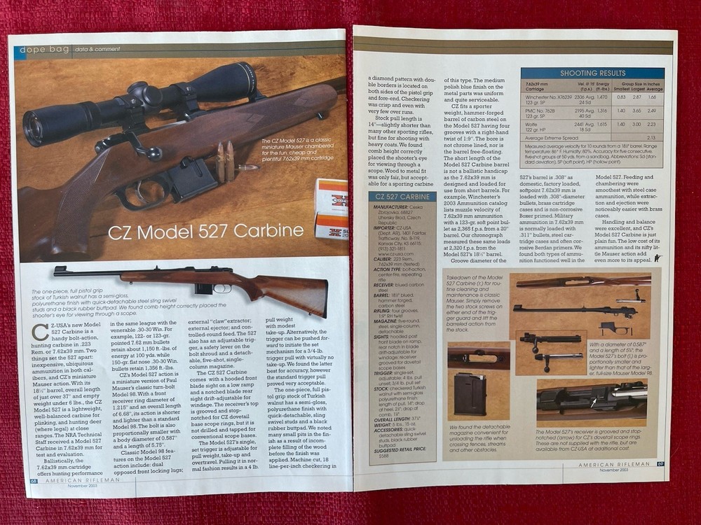 2003 CZ Model 527 Carbine Print Ad Accuracy Description Article