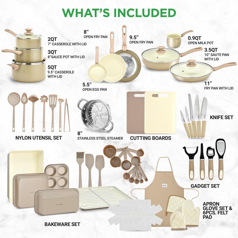 NutriChef 54 Pcs. Home Kitchen Cookware, Kitchen Tools, Bakeware Set-Taupe Brown