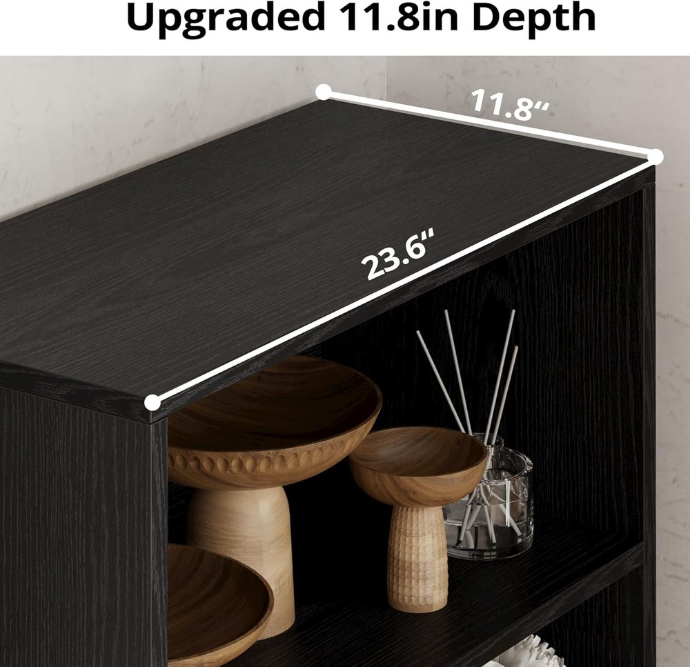 Five-tier display and storage bookcase with doors, 11.8 inches deep.