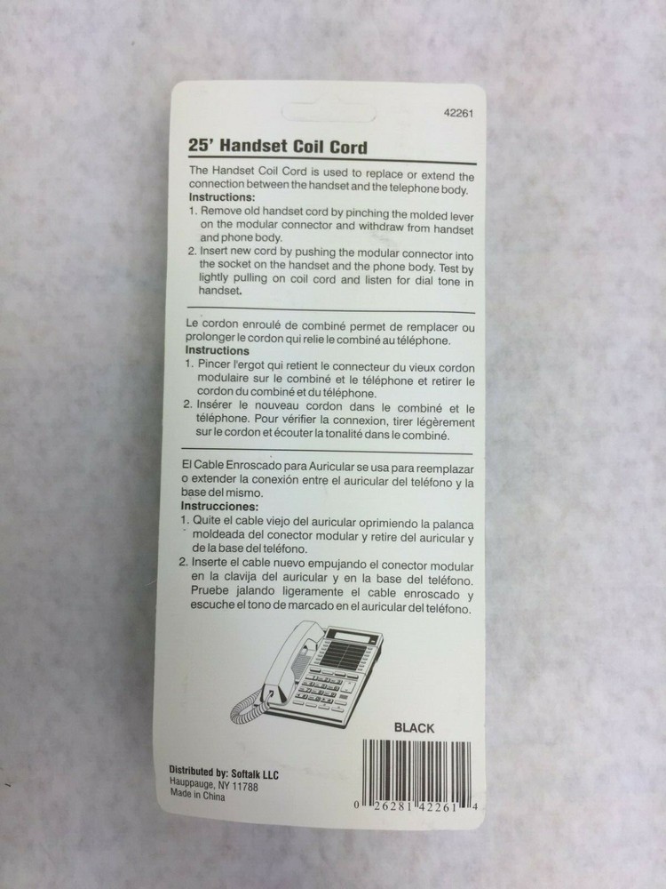 Soft Talk 25' Replacement Handset Coil Cord Black 42261