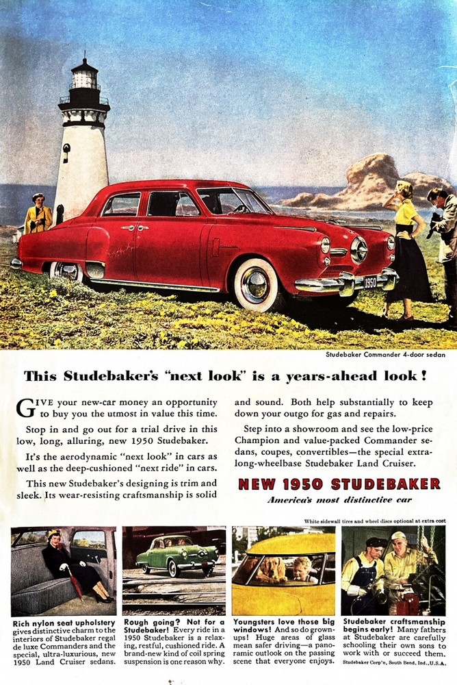 1950 STUDEBAKER Vintage Print Ad Car Automobile Lighthouse Scene