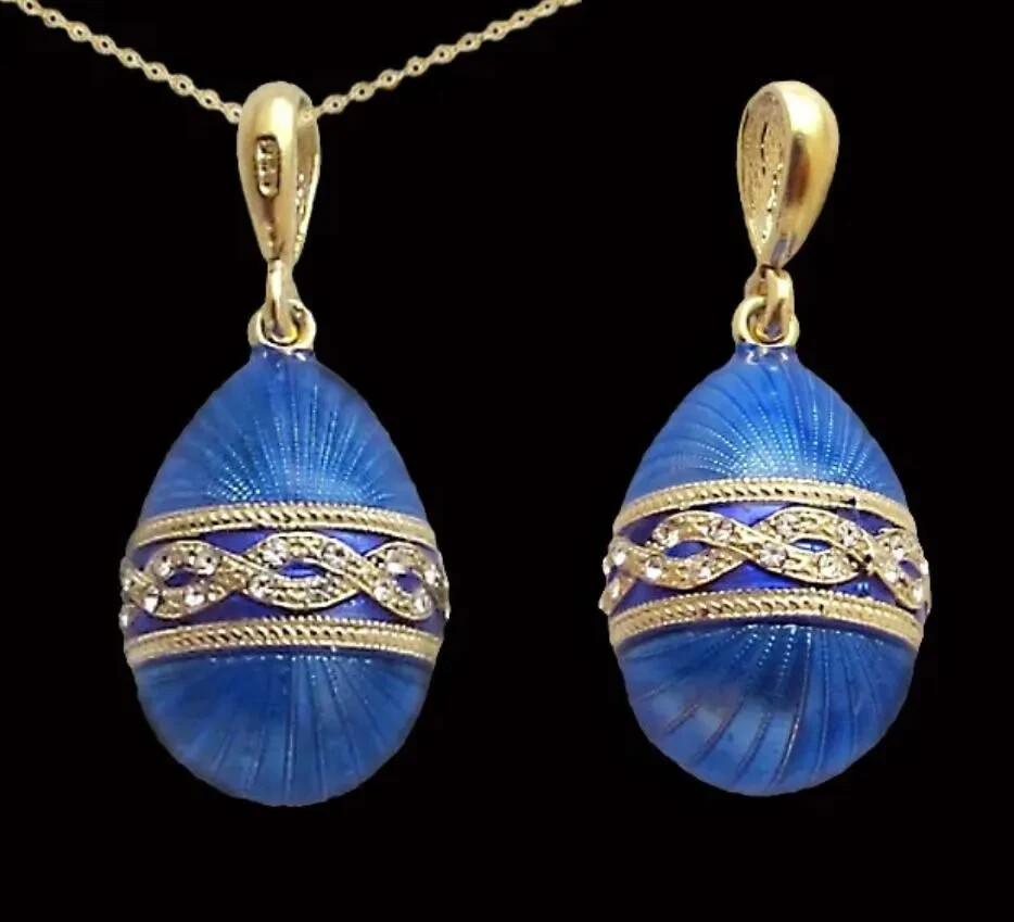 Egg Pendant, Light Blue Enamel, Pattern Design, CZ Crystals + Gold Plated