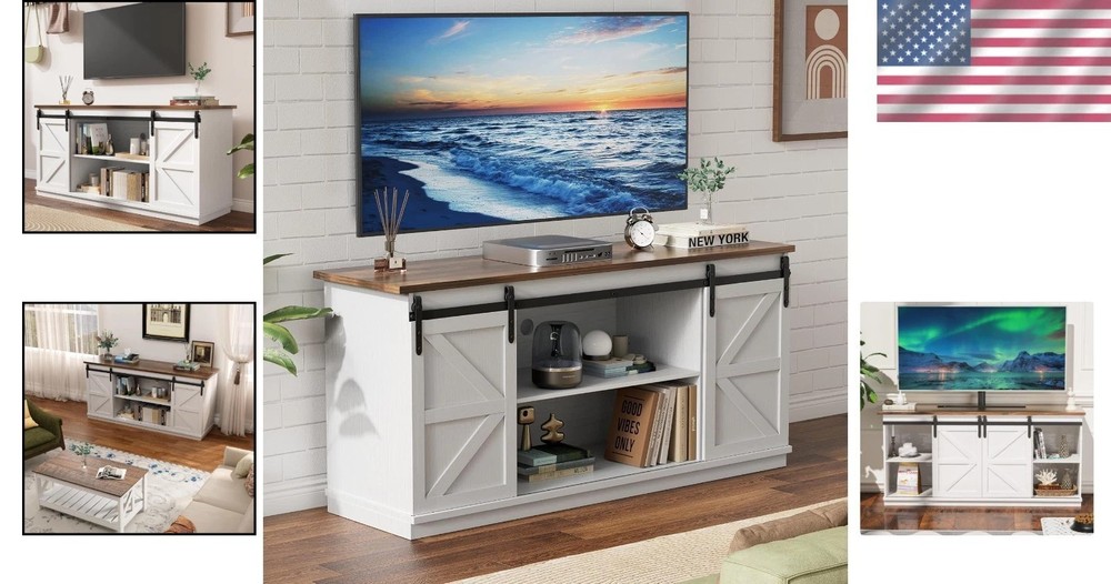 Large White TV Stand, Sliding Barn Doors, Console Table, 58"