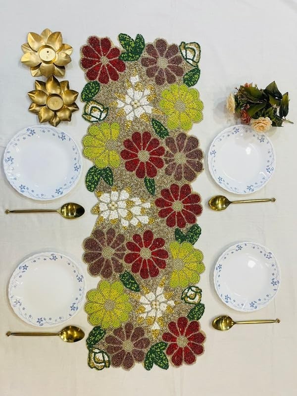 TBS Multi Color Beads Floral Runner | Handmade | Dining Coffee Table Decor Gift
