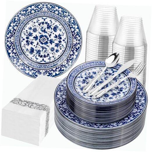 175PCS Blue Plastic Plates - Floral Disposable Dinnerware Set White and Blue