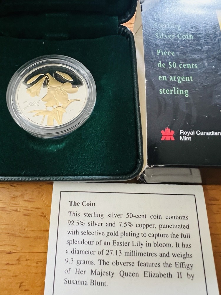 Canada Silver Coin Proof Gold Glided 2004 Easter Lily W/ Leather Box & COA