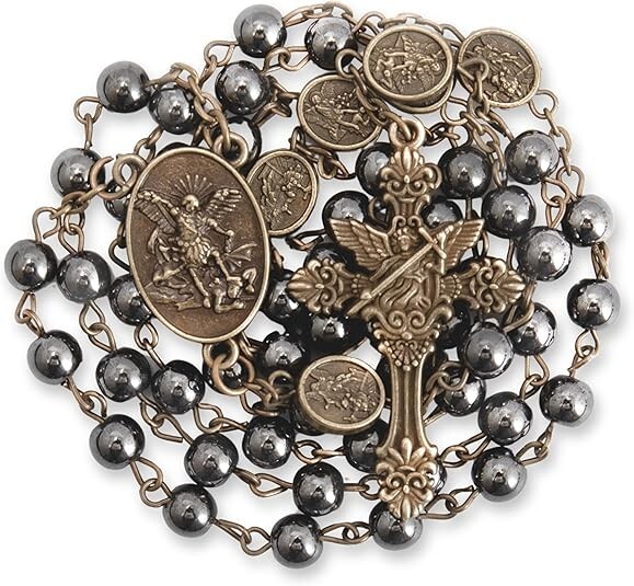 Bronze St Michael Rosary Hematite Stone Beads Necklace Metal Beaded