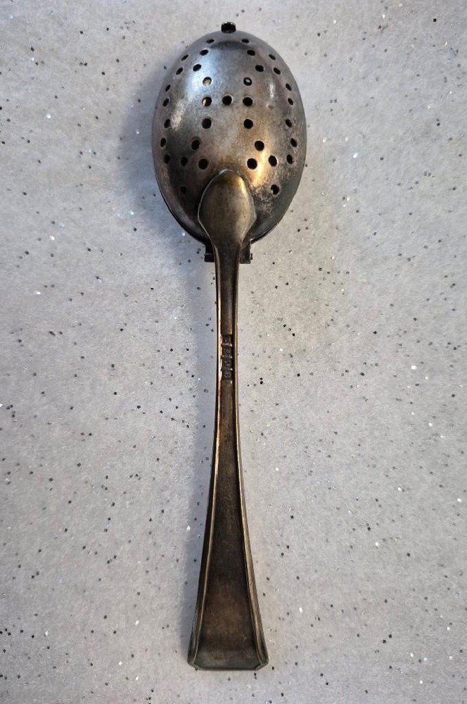 Vintage E & JB Strainer TEA INFUSER Hinged DOUBLE Perforated SPOON SIlverplated
