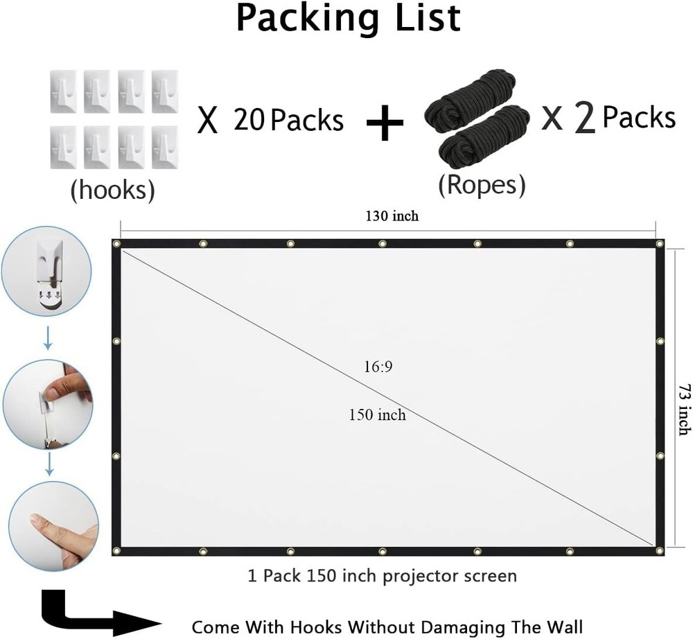 Lightweight 150-Inch Polyester Projector Screen - Easy Setup for Any Occasion