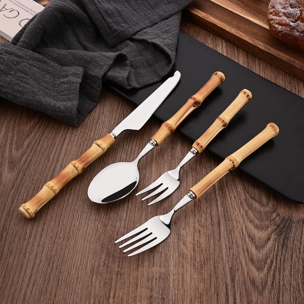 30PCS Silverware Set for 6, Bamboo Handle Flatware Set, Stainless Steel Cutle...