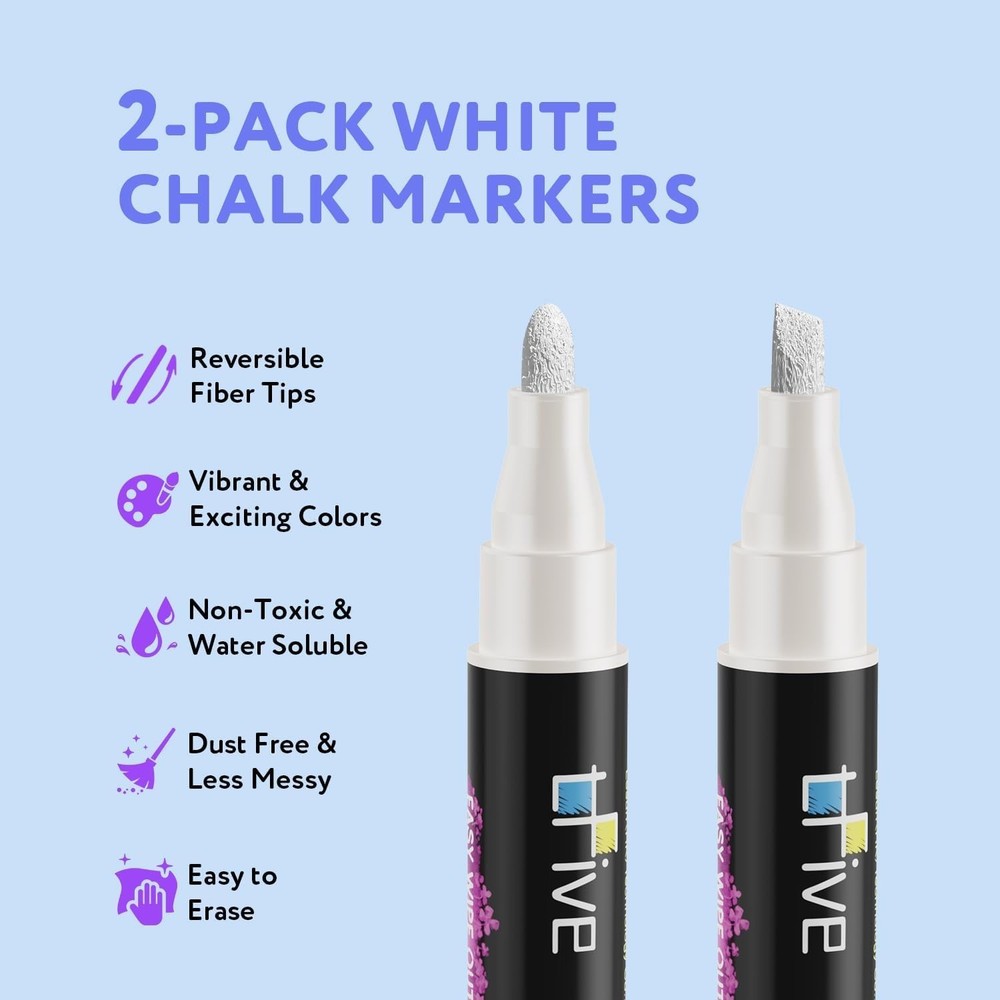 Vibrant White Liquid Chalk Pens - 2 Pack with Reversible Tips for Easy Use