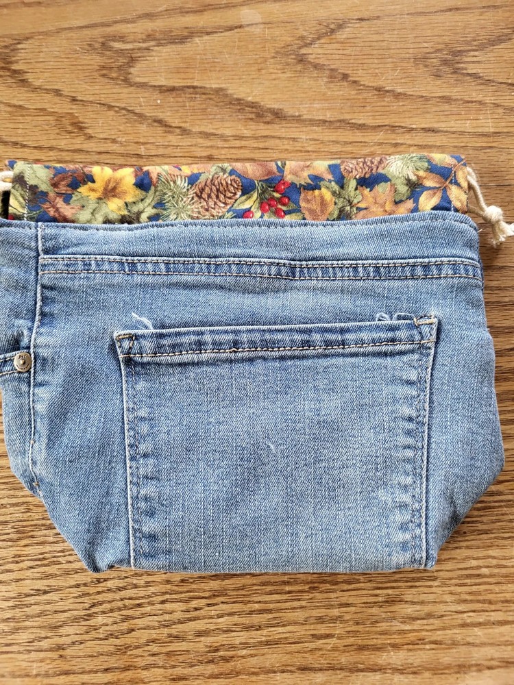 Upcycled Denim Sack, drawstring bag, small project bag, small storage bag