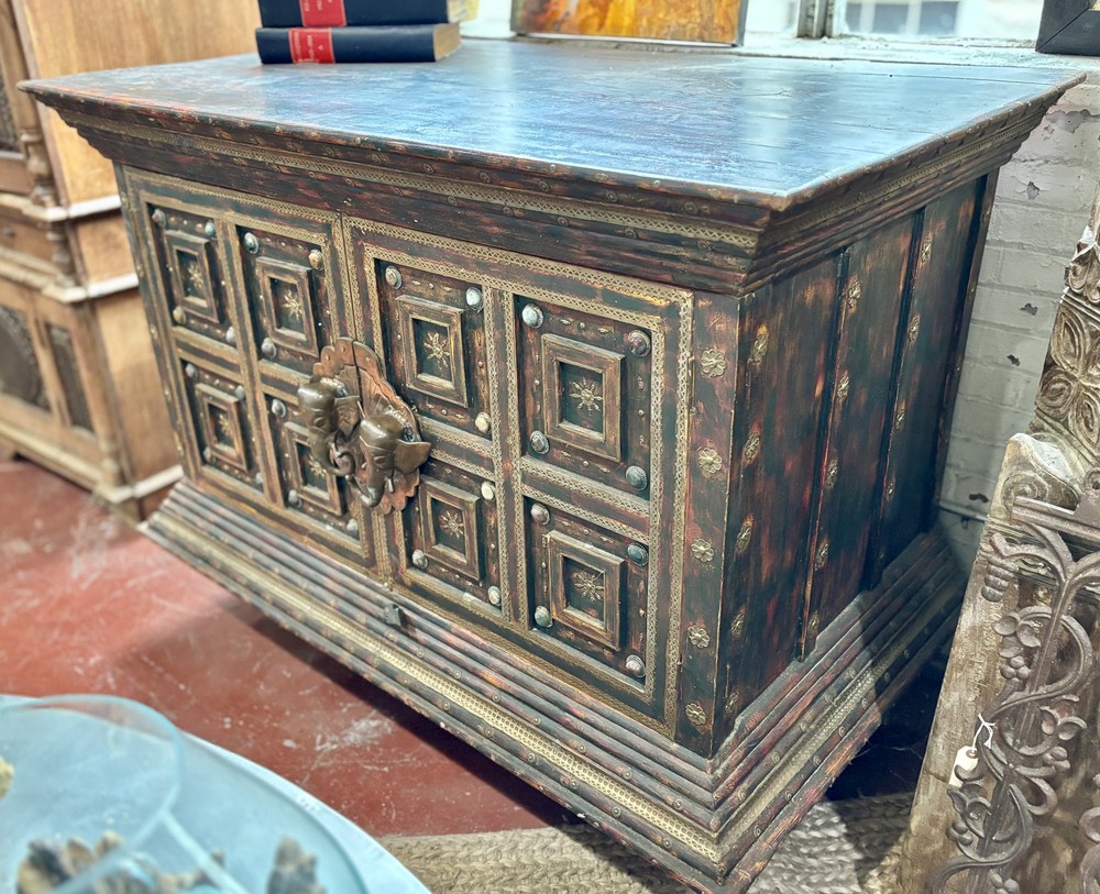 Mughal Style Storage Cabinet with Brass Elephant Head Pulls, 58" Wide