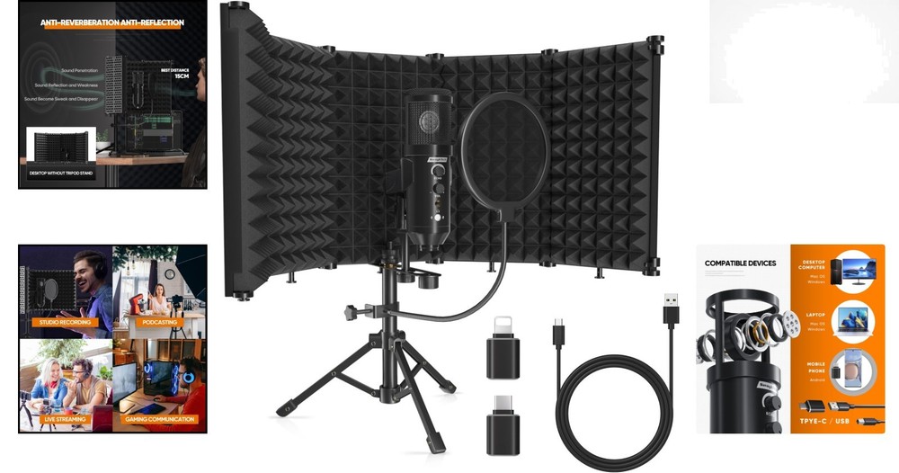 USB Studio Microphone Kit with Isolation Shield & Tripod - Perfect for Recording