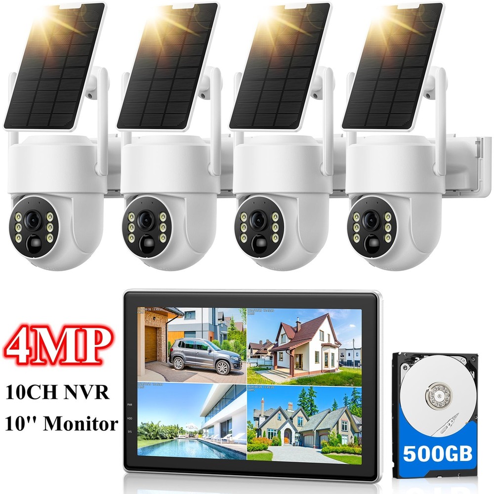 4-6PCS 4MP WiFi Solar Panel Battery Camera 10CH Wireless PTZ Security System Set