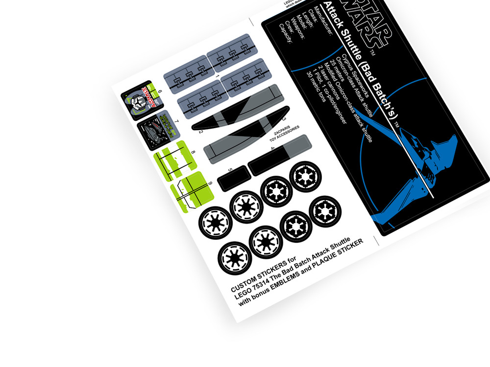 Custom stickers for Star Wars Set 75314 Bad Batch Attack Shuttle with Bonus