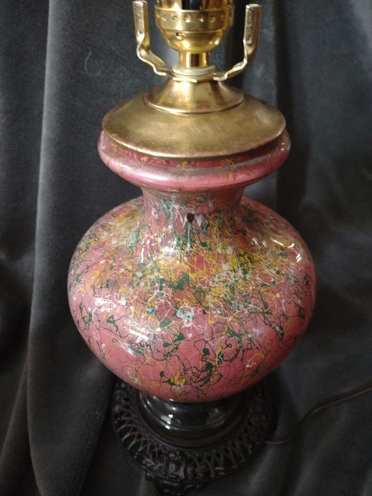 Antique Reverse Hand Painted Spatter Ginger Jar Table Lamp Ornate Iron Base