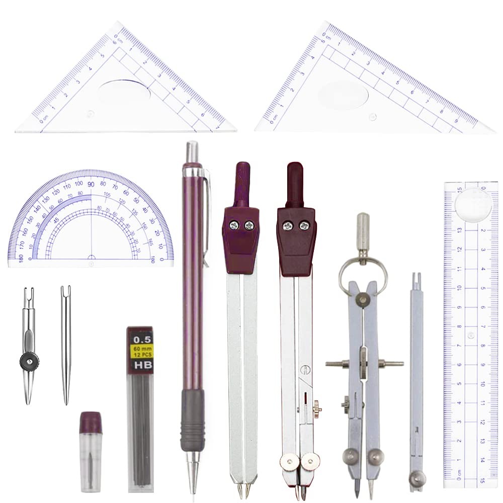 Compass Geometry Tool, 13PCS and Protractors Set Math Brown