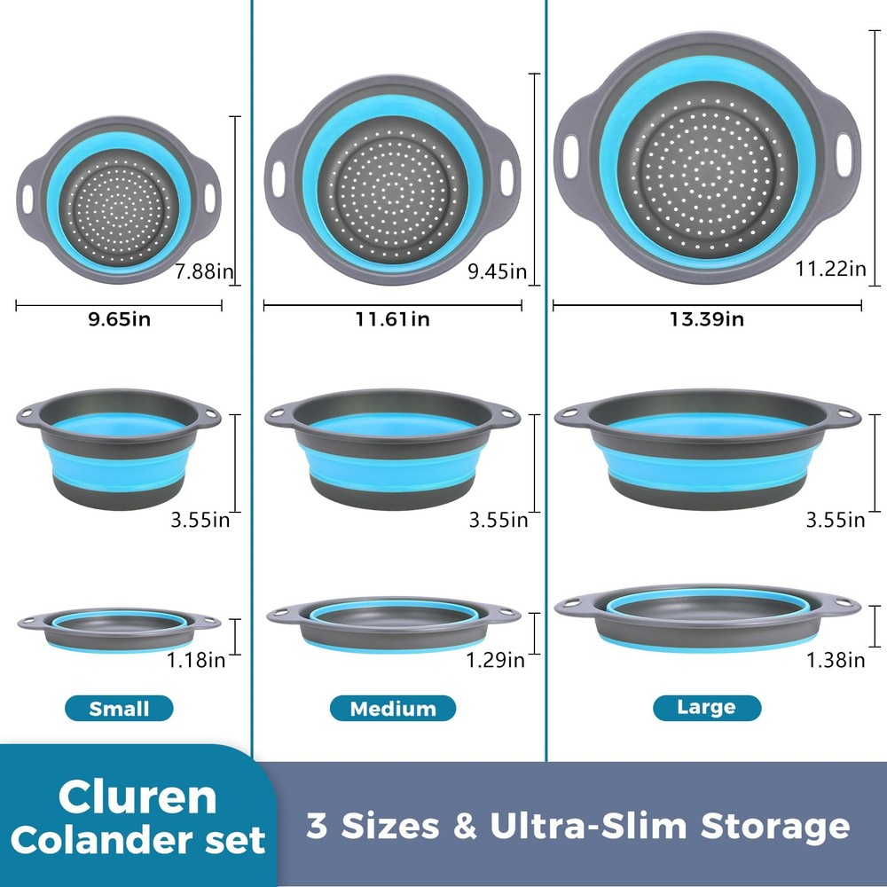 Collapsible Colander Set 3 Pack Foldable Strainers Gray-Blue Space Saving Base