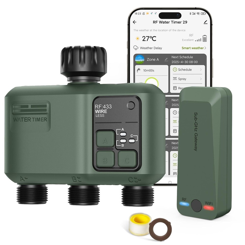 3Zone Smart Sprinkler Timer WiFi + 984ft RF, App & Voice Control, Rain Delay