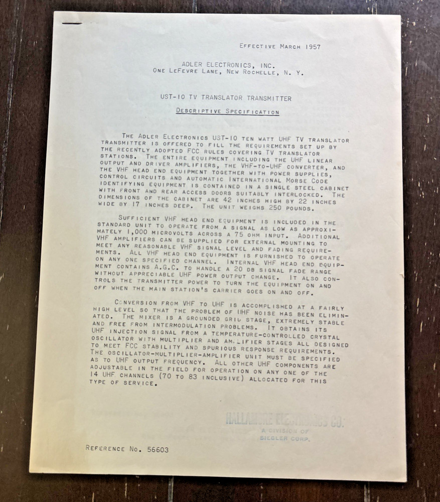 1957 Adler Electronics UST-10 Translator Transmitter Descriptive Paperwork 6 Pg