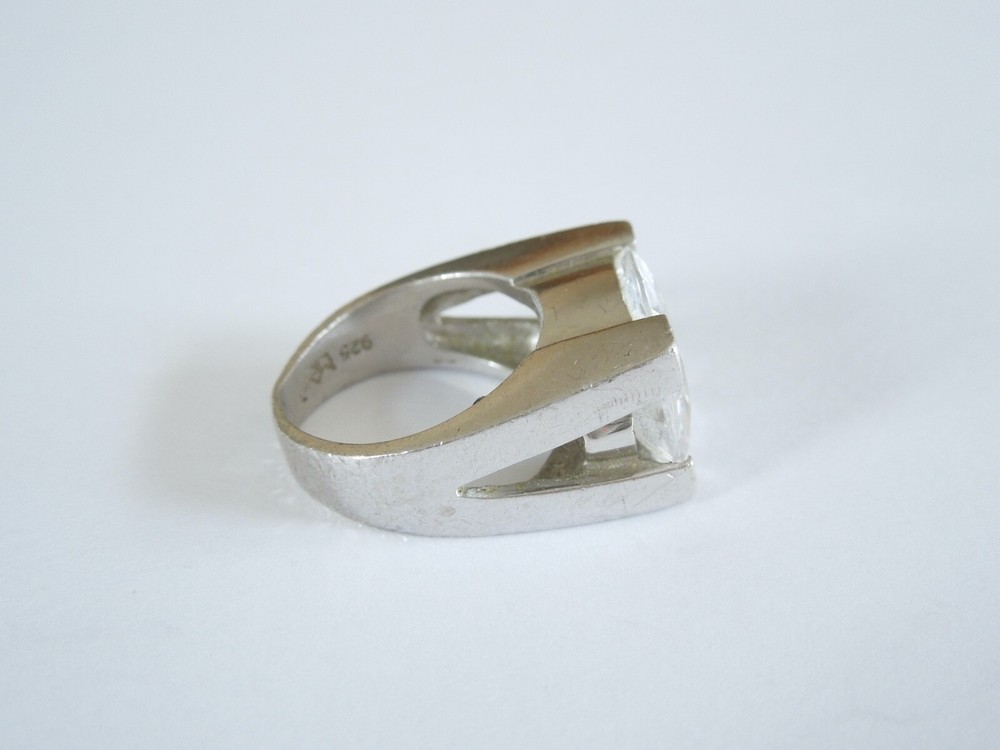 925 Sterling Silver Ring Stone Transparent Clear Large 14.4 G/Size 54
