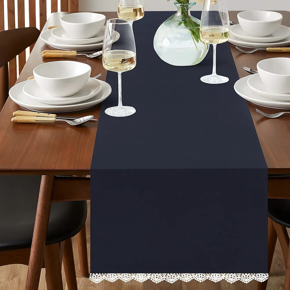 Fingercraft Cloth Table Runner Cotton Linen Blend, Double Layer Sturdy One Navy