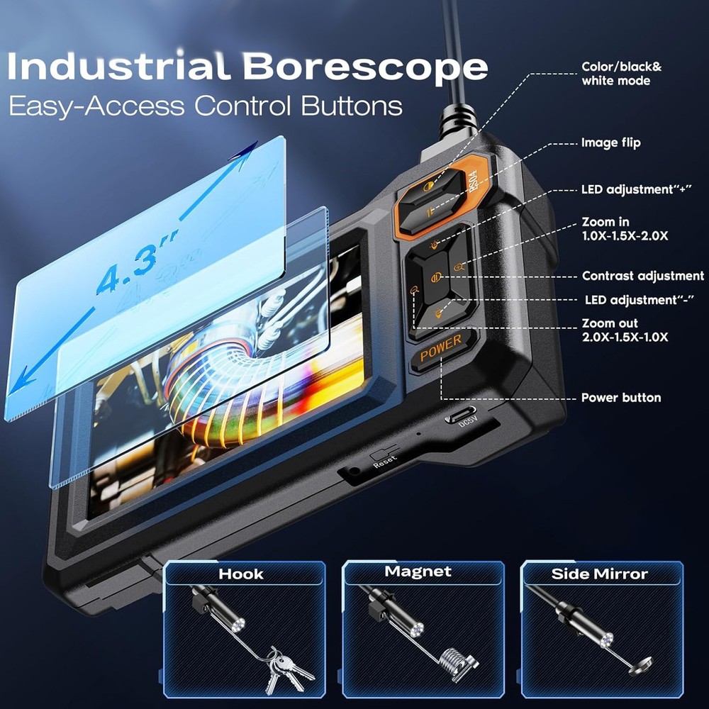 IP67 Endoscope Camera with Light, Borescope Camera with 4.3" IPS Screen