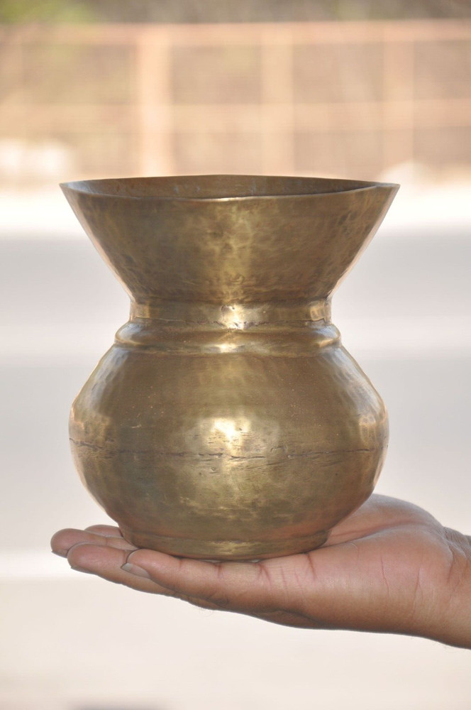 Vintage Brass Hammer Work Solid Unique Shape Handcrafted Flower Vase/Pot