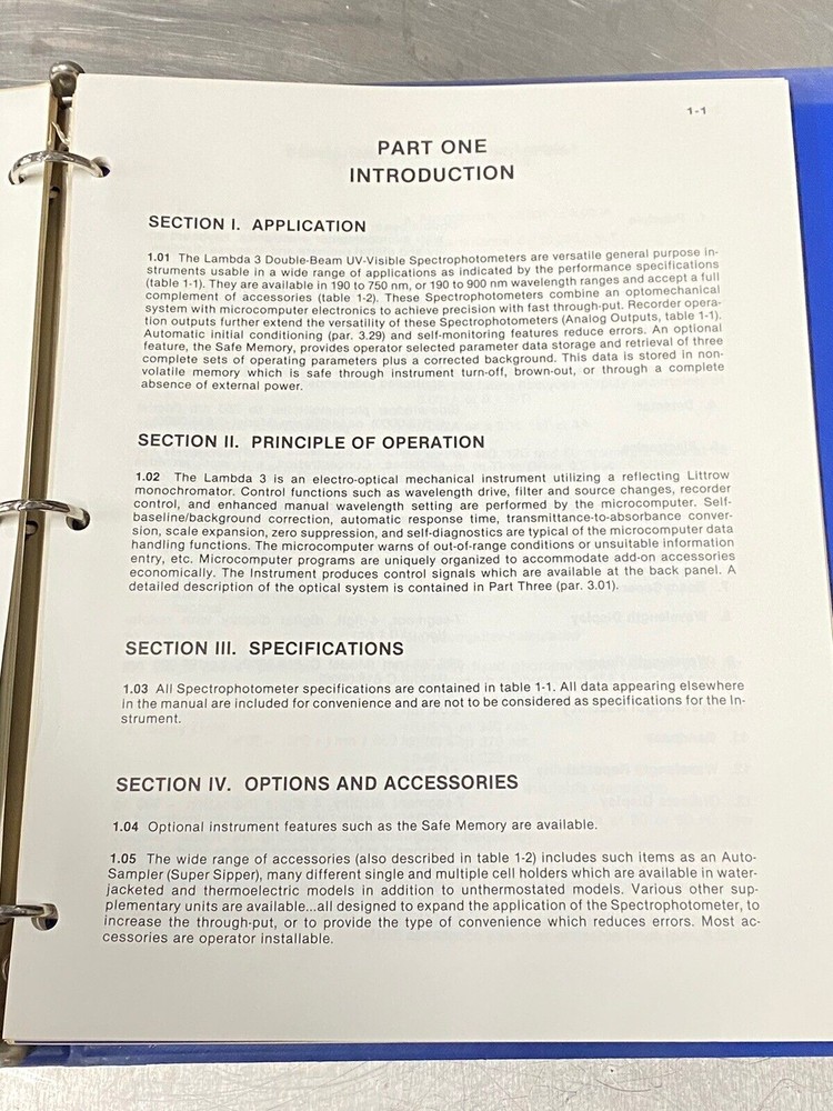 Perkin Elmer PE Lambda 3 Spectrophotometer UV Visible - Users Guide / Manual