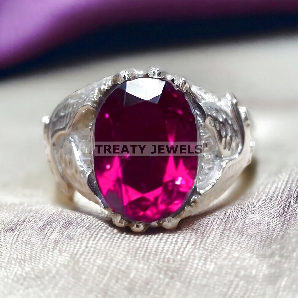 Ruby Oval Cut Gemstone With 14K Solid White Gold Ring For Men's #A26