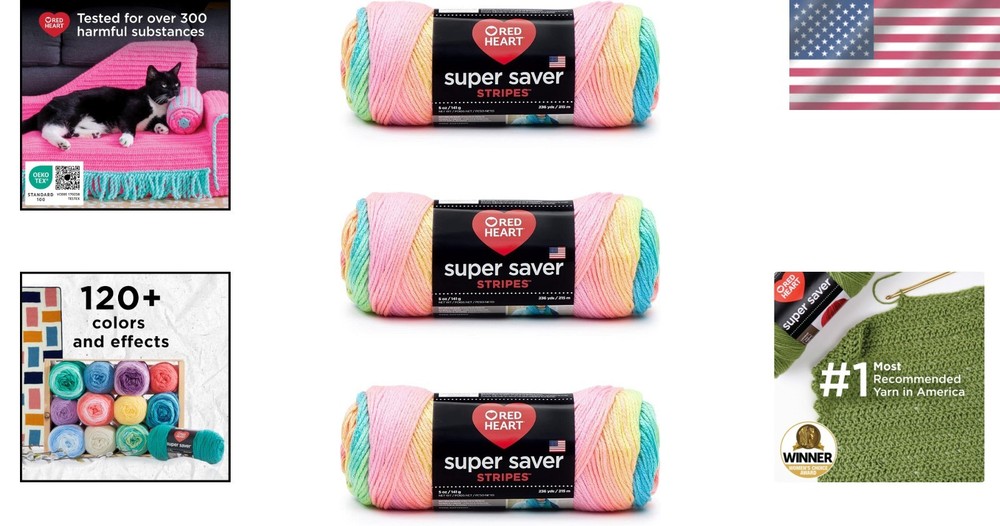 Super Saver Yarn 3-Pack: Retro Stripe, Durable & Easy Care